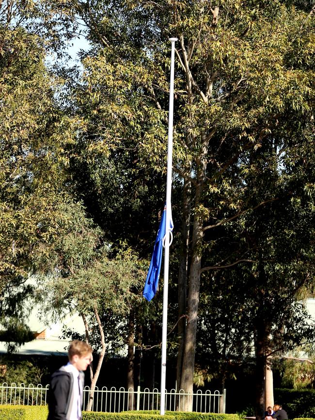 The flag at Arndell Anglican College at half mast following Billie’s death. PICTURE: John Grainger