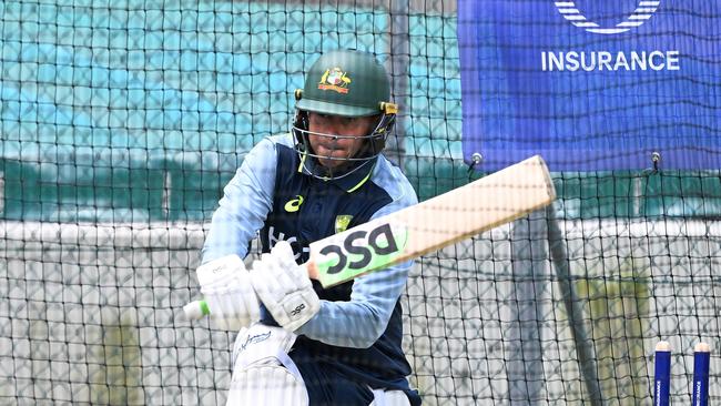 Usman Khawaja bats during an Australia Men's Test Squad training session at The Gabba. Photo: Bradley Kanaris / Getty Images.