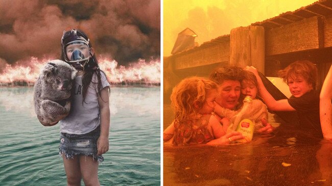 Tammy Holmes and her grandchildren in 2013, left, and a photoshopped image of a girl with a koala.