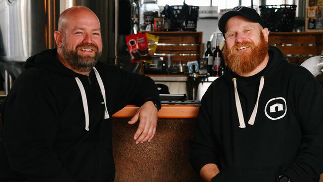 Jason Harris and Craig Basford inside Big Shed Brewing Co in Royal Park. Picture: AAP / Morgan Sette