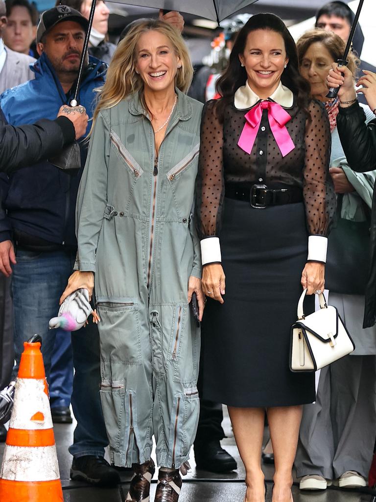 Sarah Jessica Parker and Kristin Davis were spotted filming 'And Just Like That' Season 2 earlier this month in New York. The show will drop next year. Picture: Jose Perez/Bauer-Griffin/GC Images