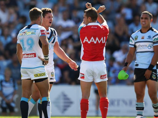 Greg Bird is put on report for a hit on Cronulla's James Maloney. Pic Brett Costello