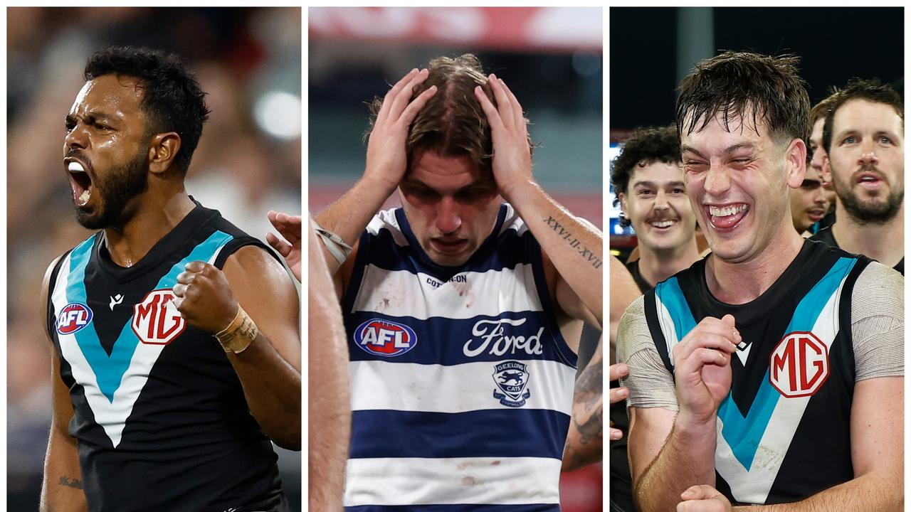 Port Adelaide defeats Geelong in a thriller at GMHBA Stadium.