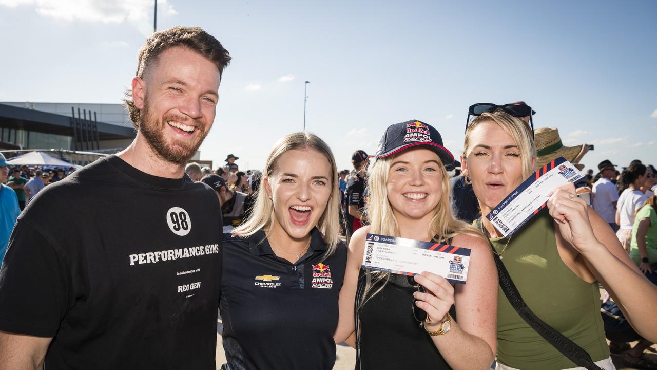 Excited for the launch are (from left) Jayden Burgess, Lacey Moore, Keira Chapman and Michelle Marmiom as V8 Supercars team Red Bull Ampol Racing launch 2024 livery at Toowoomba Wellcamp Airport, Saturday, February 3, 2024. Picture: Kevin Farmer