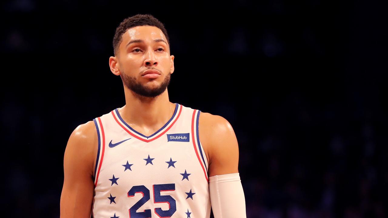 NEW YORK, NEW YORK - APRIL 18: Ben Simmons #25 of the Philadelphia 76ers looks on in the first quarter against the Brooklyn Nets during game three of Round One of the 2019 NBA Playoffs at Barclays Center on April 18, 2019 in the Brooklyn borough of New York City. NOTE TO USER: User expressly acknowledges and agrees that, by downloading and or using this photograph, User is consenting to the terms and conditions of the Getty Images License Agreement. Elsa/Getty Images/AFP == FOR NEWSPAPERS, INTERNET, TELCOS &amp; TELEVISION USE ONLY ==