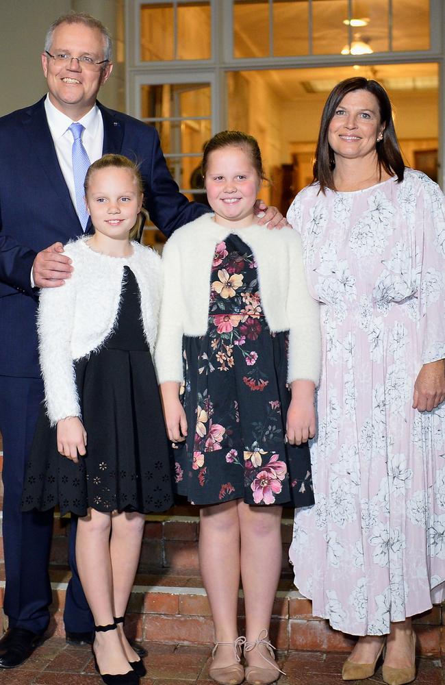 Scott Morrison with his wife Jenny and their two daughters Abbey and Lily. Picture: Saeed Khan/AFP