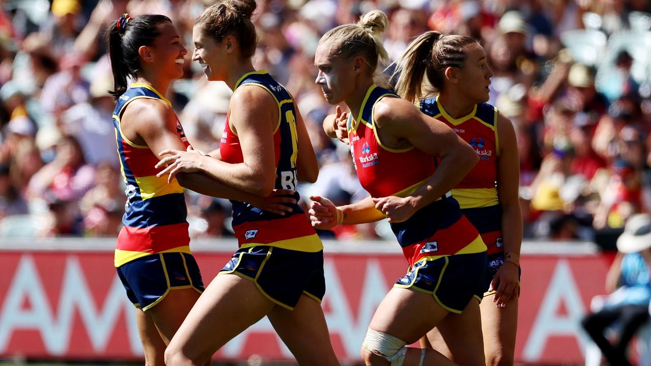 Jasmyn Hewett celebrates the opening goal of the AFLW decider.