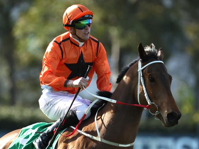 SYDNEY, AUSTRALIA - JULY 01: Nick Heywood riding Mogo Magic wins Race 5 TAB Highway  during Sydney Racing at Rosehill Gardens on July 01, 2023 in Sydney, Australia. (Photo by Jeremy Ng/Getty Images)