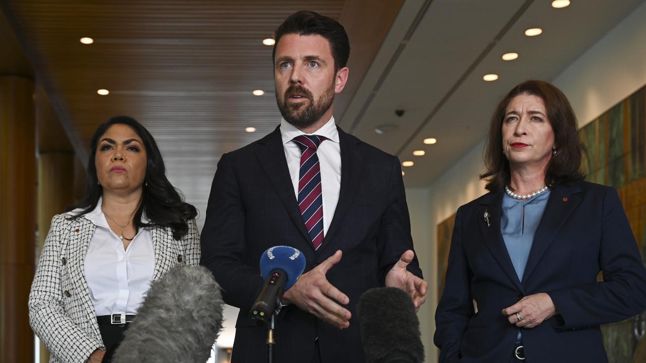 Senator Jonathon Duniam (centre) at Parliament House in Canberra. Picture: NewsWire / Martin Ollman