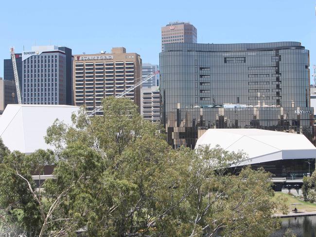 ADELAIDE, AUSTRALIA - ADVERTISER Photos DECEMBER 3, 2020: Adelaide's changing skyline. Adelaide's skyline taken from Level 5 Adelaide Oval showing how much the skyline has changed particularly on North Terrace with the construction of new apartment towers The Adelaidean, Realm Adelaide and the GSA accommodation tower. Adelaide Festival Centre, Skycity Casino, Westpac Building, Picture Emma Brasier