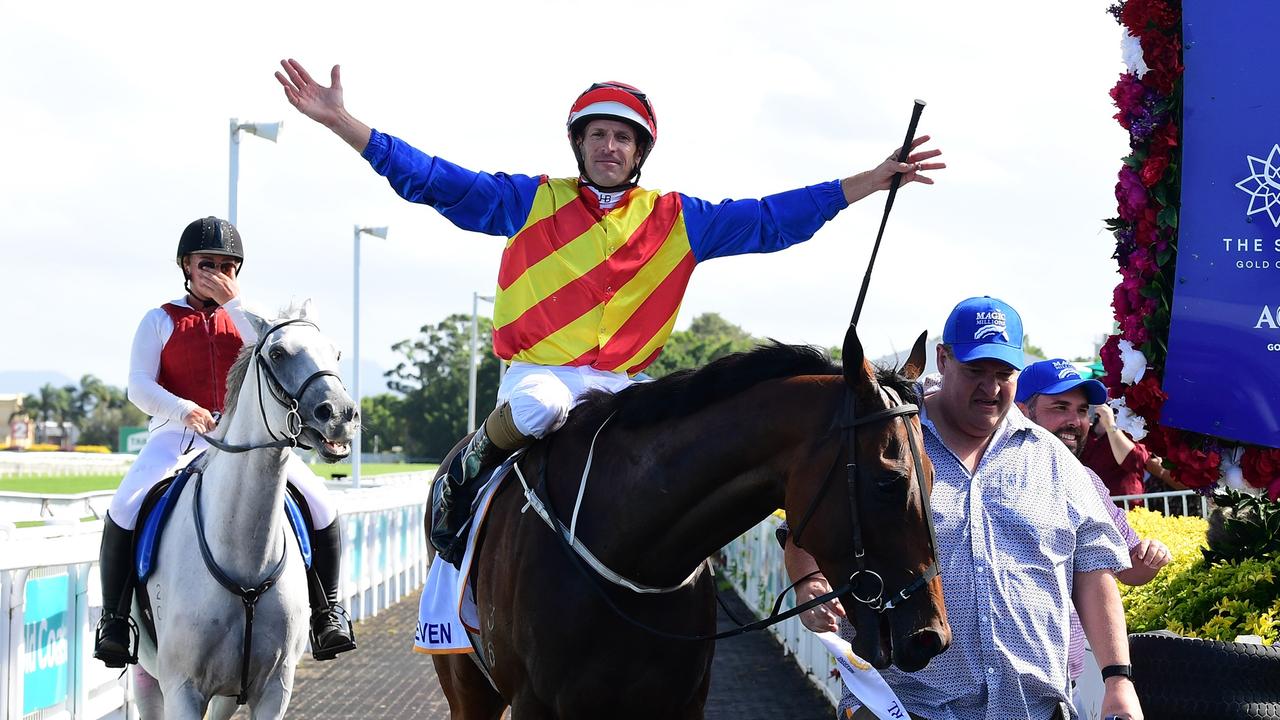 Hugh Bowman combined with Eleven Eleven to win the 2022 Magic Millions Cup. Picture: Grant Peters–Trackside Photography