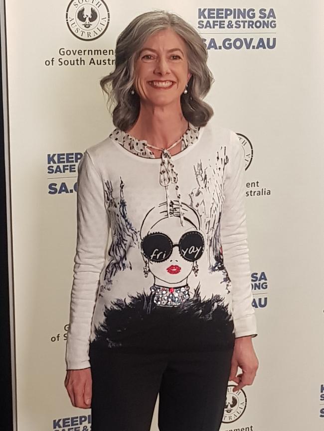 SA Chief Medical Officer Professor Nicola Spurrier wore a 'Friyay' top to announce zero active COVID-19 cases in South Australia. Pictures: Andrew Hough