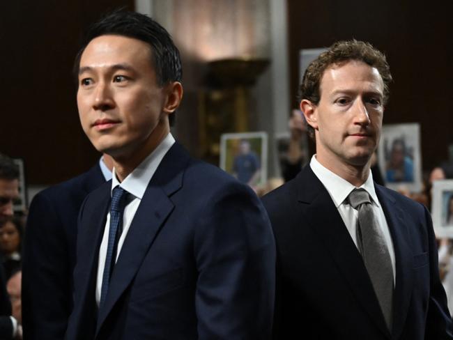 (L-R) Shou Zi Chew, CEO of TikTok and Mark Zuckerberg, CEO of Meta, arrive to testify before the US Senate Judiciary Committee hearing, "Big Tech and the Online Child Sexual Exploitation Crisis," in Washington, DC, on January 31, 2024. (Photo by ANDREW CABALLERO-REYNOLDS / AFP)