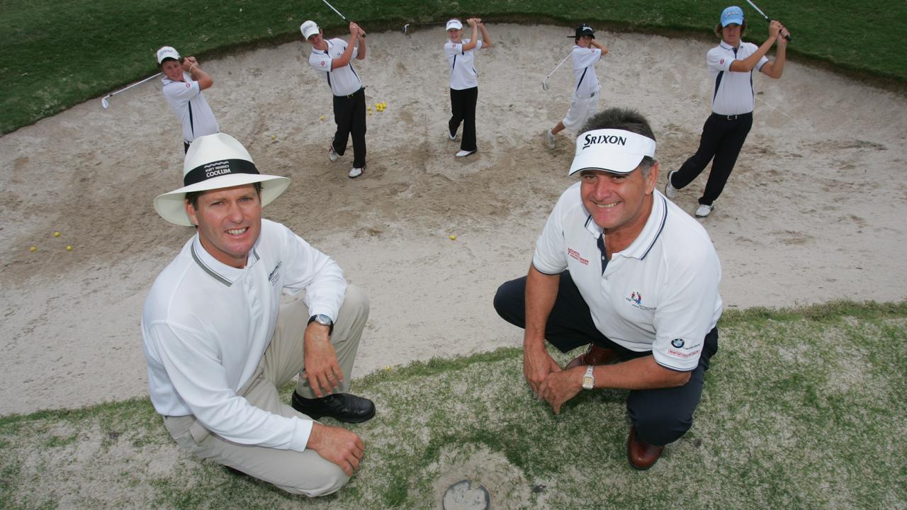 Hyatt PGA head teaching professional Peter Heiniger, and Invincibles president, Graeme Miller, with Invincibles (L-R) Anthony Pickles, Blair Gamble, Mikaleigh Pickles, Wade Stockill and Matt Gill pictured in 2007. Picture: Brett Wortman