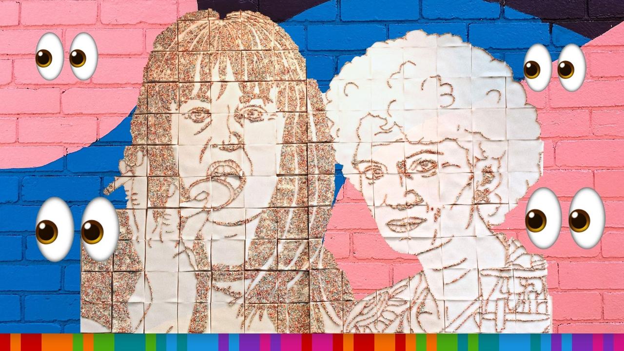 A 3m fairy bread 'Kath &amp; Kim' mural erected in Melbourne. Image: Kylie Iva Photography.