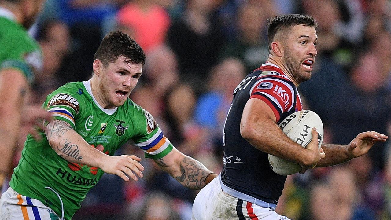 James Tedesco of the Roosters makes a break during the 2019 NRL Grand Final at ANZ Stadium.