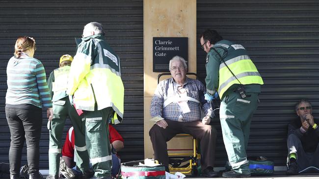 Paramedics tend to “wounded” actors at Adelaide Oval. Picture: Sarah Reed