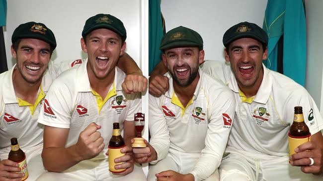 Australian bowlers (l-r) Pat Cummins, Josh Hazlewood, Nathan Lyon and Mitchell Starc celebrate securing the Ashes on Monday.