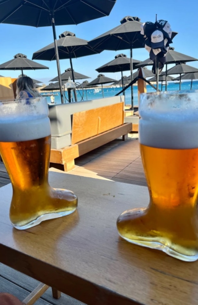 The giant boots in which they were served their beer. Picture: Theodora McCormick