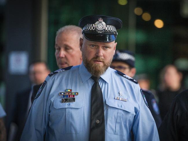 Sergeant Andrew Gates after giving testimony at an inquest into the deaths of two police officers. Picture: Glenn Campbell