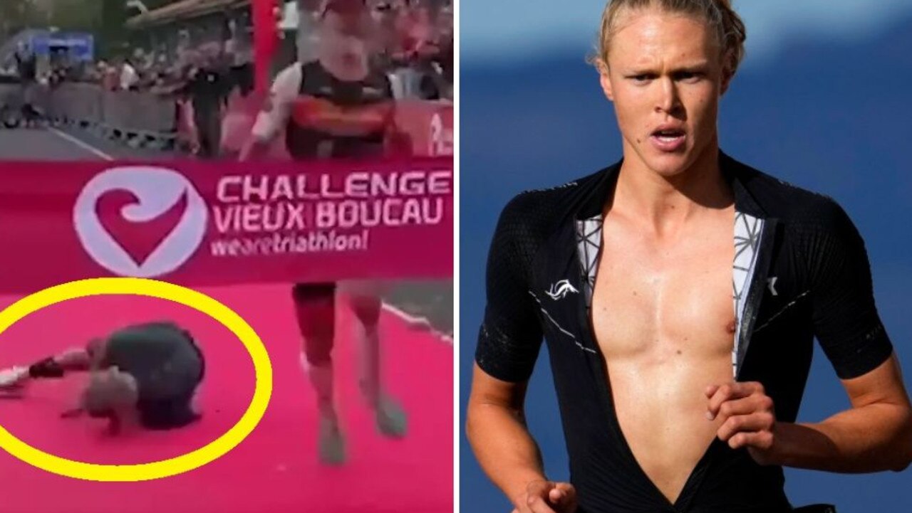 Heartbreaking moment triathlete collapses 1 metre short of line