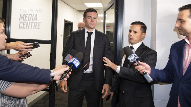 Conor McKenna leaves the AFL tribunal on Tuesday night.
