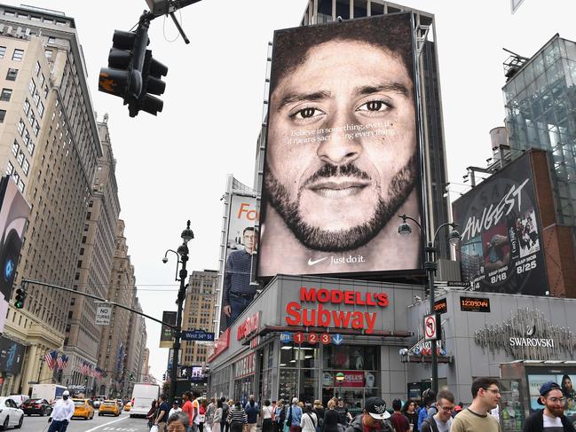 A Nike ad featuring American football quarterback Colin Kaepernick on diplay in New York City.