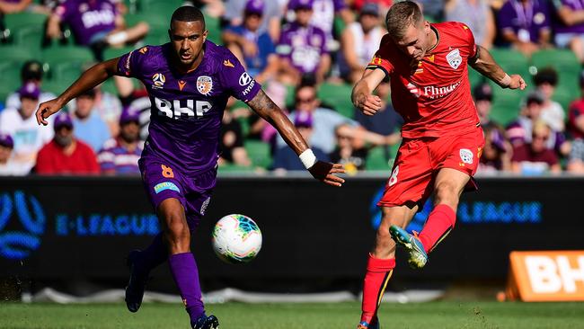 Adelaide United playmaker Riley McGree is only a 50/50 chance for the Reds’ clash with Melbourne City due to a foot problem. Picture: Daniel Carson/Getty Images