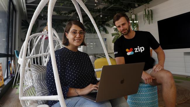 New Zip Co recruit Fatima Azodi with team member Henrik Westphal at the buy now, pay later company’s offices in Sydney on Wednesday. Picture: Nikki Short