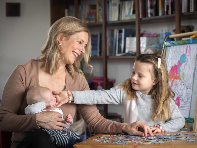 Labor leader Rebecca White with her children Hudson, 7 weeks, and Mia, 5. Picture: Chris Kidd