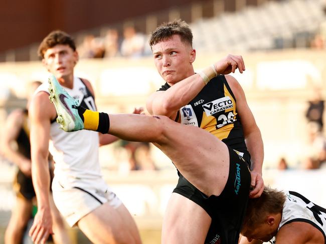 MELBOURNE, AUSTRALIA - SEPTEMBER 22: Zac Banch of the Tigers kicks the ball during the 2024 VFL Grand Final match between Werribee and the Southport Sharks at IKON Park on September 22, 2024 in Melbourne, Australia. (Photo by Michael Willson/AFL Photos via Getty Images)