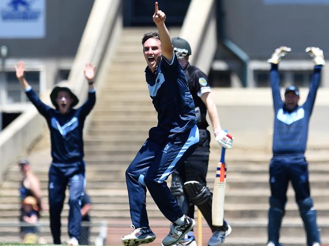 VSDCA Cricket: Brunswick v Kew, bowler Will Sheridan makes a loud, long and failed appeal for the wicket of Justin Lampard. Picture: Steve Tanner