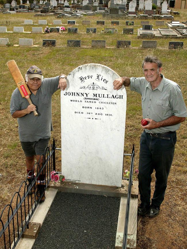 John Kennedy, whose great grandfather Dick-a-Dick (Jumgumjenanuke) played with Johnny Mullagh, and local historian Alistair Roper at Mullagh’s grave sight in the Victorian town of Harrow