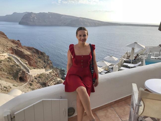 ESCAPE: Flashpacking, Lisa Mayoh - Grace Robinson in Santorini, Greece. Picture: Supplied