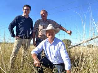 FENCING: Minister for Agriculture David Littleproud with grazier Bill Purcell and Shadow Minister Development Tony Perrett in Roma. Picture: Molly Hancock