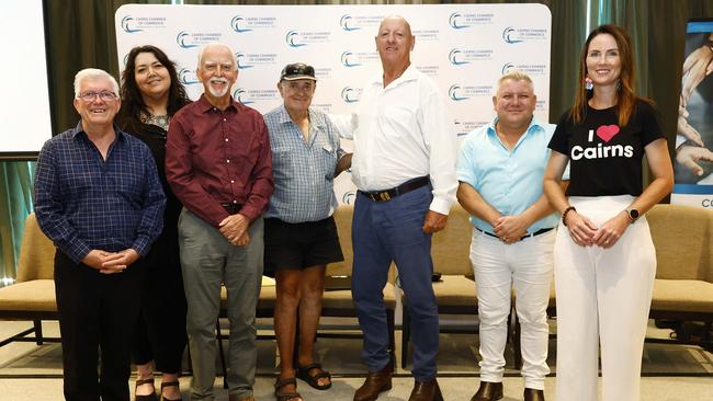 Cairns mayoral candidates for the 2024 Queensland Electoral Commission local government election Terry James, Leah Potter, Denis Walls, John Kelly, Paul Taylor, Binda Warren and Amy Eden take to the stage at the Cairns Chamber of Commerce's mayoral election debate lunch, held at the Pullman Reef Hotel Casino. Picture: Brendan Radke