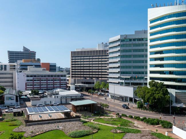 The view from the 5th floor of Parliament House, Darwin, including views of the Deck Chair Cinema, the Esplanade and the new State Square development.Picture: Che Chorley