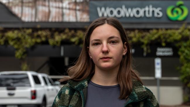 Woolworths Stirling employee Leela Cotton-Kenny at the scene of the Stirling Village Shopping centre fire yesterday. Picture: Naomi Jellicoe