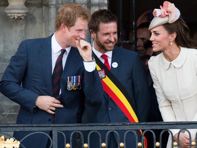 Prince Harry makes a joke with Nicolas Martin, Acting Mayor of Mons and Catherine, Duchess of Cambridge in 2014. Picture: Samir Hussein/Wire Image