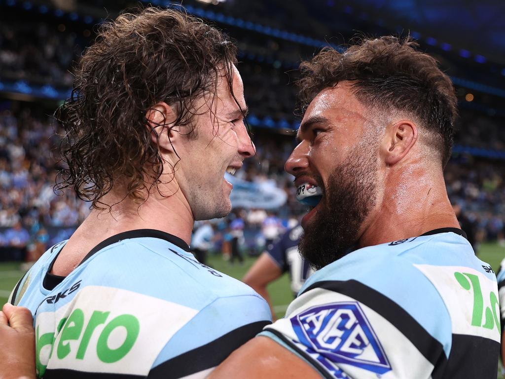 Nicho Hynes celebrates with Toby Rudolf. Picture: Jason McCawley/Getty Images