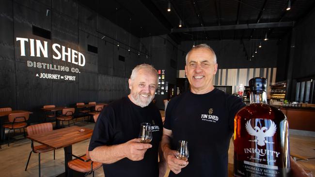 Co-owners Ian Schmidt and Vic Orlow at Tin Shed Distilling Co’s new distillery at Nairne. Picture: Jo-Anna Robinson