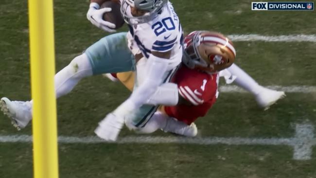 Dallas Cowboys running back Tony Pollard suffers a fractured fibula and ankle ligament damage after this hip drop tackle. Credit: YouTube.