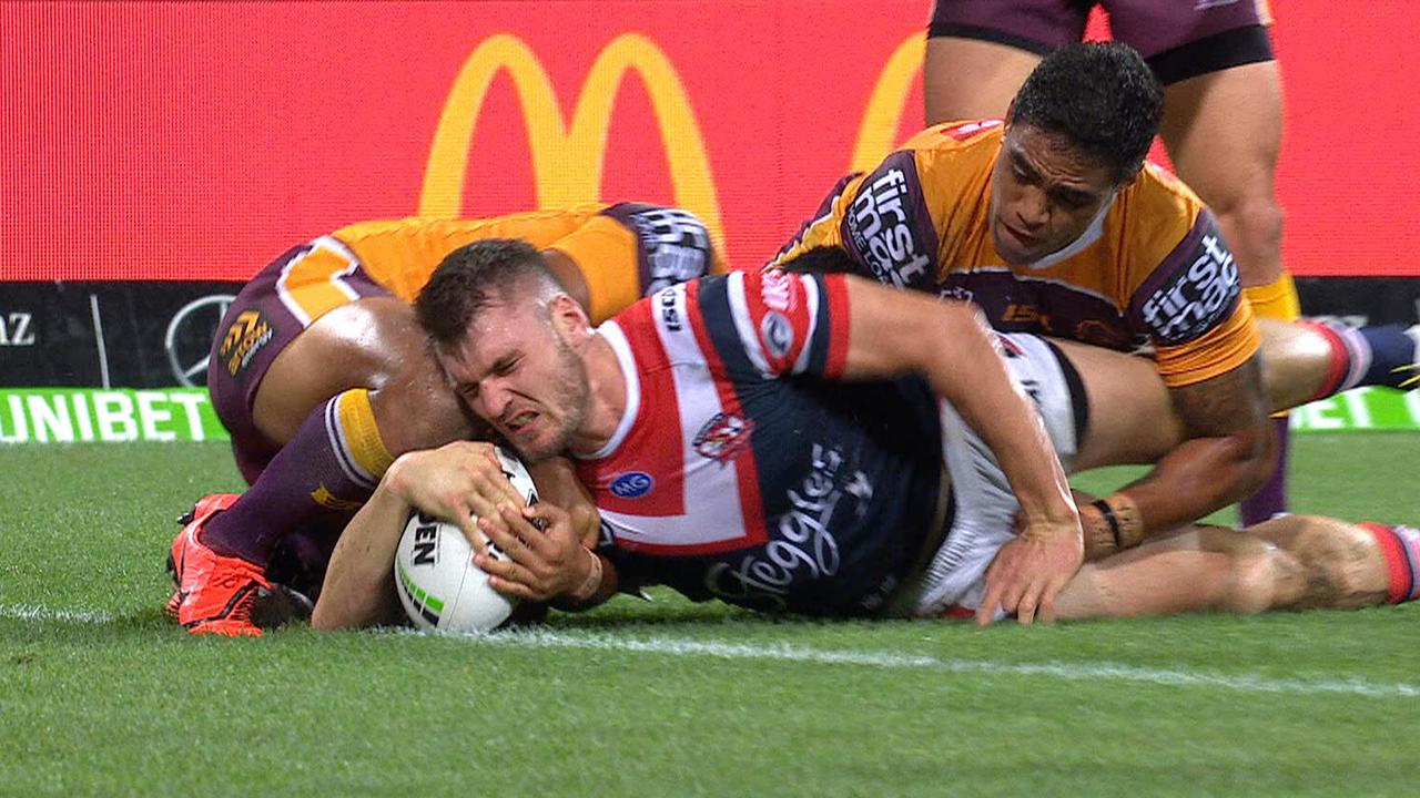 Angus Crichton scores his first try in Roosters colours.