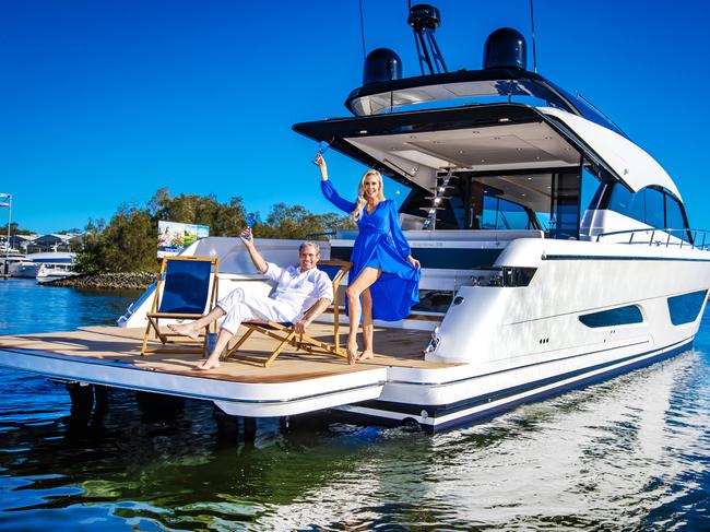 Sanctuary Cove Boat Show 2023.Gerard Rivereau (correct) and Georgie Denahy (correct) on a Maritimo Luxury Motor Yacht Sedan S75. ItÃs the largest Maritimo Yacht to date with its global launch at Sanctuary Cove International Boat Show.Picture: Nigel Hallett*** Georgie 0416331804 *****