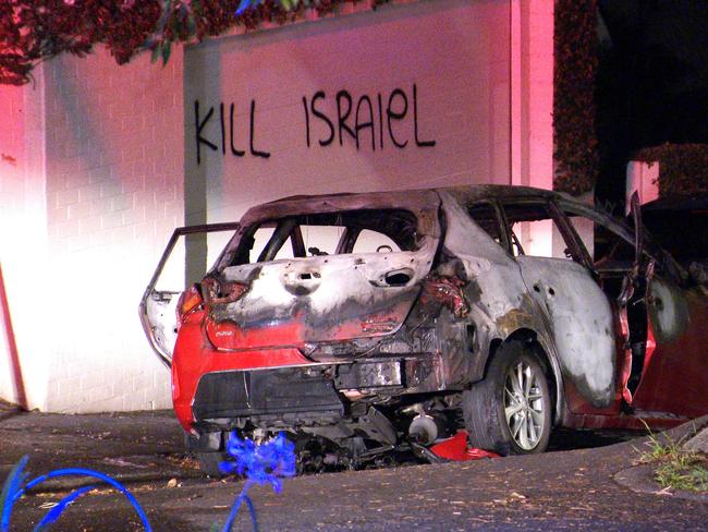 Anti-Israel slogans painted on a wall during the attack. Picture: Onscene