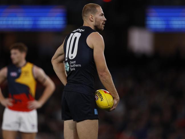 Harry McKay and several other Blues had crucial fumbles which meant they missed the chance to put Saturday night’s game to bed. Picture: Michael Klein