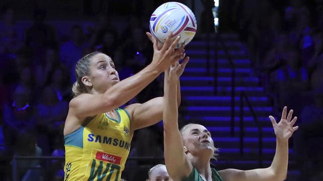 Diamonds star Jamie-Lee Price (left) challenges Northern Ireland’s Lisa McCaffrey. Picture: AP