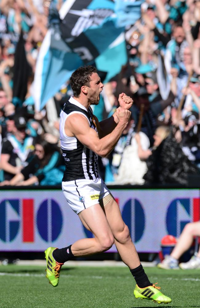 Port Adelaide was planning to wear its prison bar guernsey in Saturday night’s Showdown, as seen on Travis Boak in 2014. Picture: Mark Brake