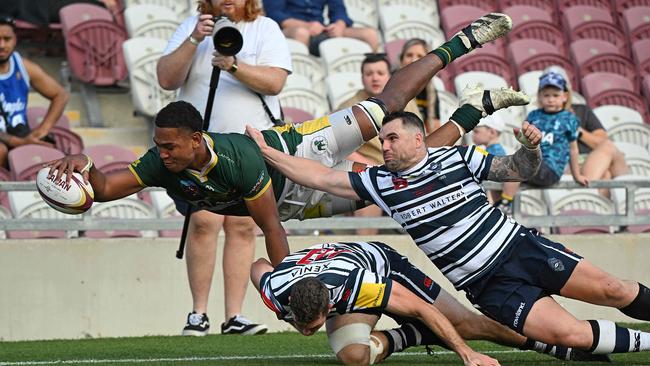 27/8/23: Wests player Angelo Smith scores a try during the Wests vs. Brothers match, QRU club Premier Rugby Grand Final, at Ballymore, Brisbane. pic: Lyndon Mechielsen/Courier Mail