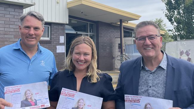 Deputy Prime Minister Richard Marles, Labor Lara candidate Ella George and retiring MP John Eren.